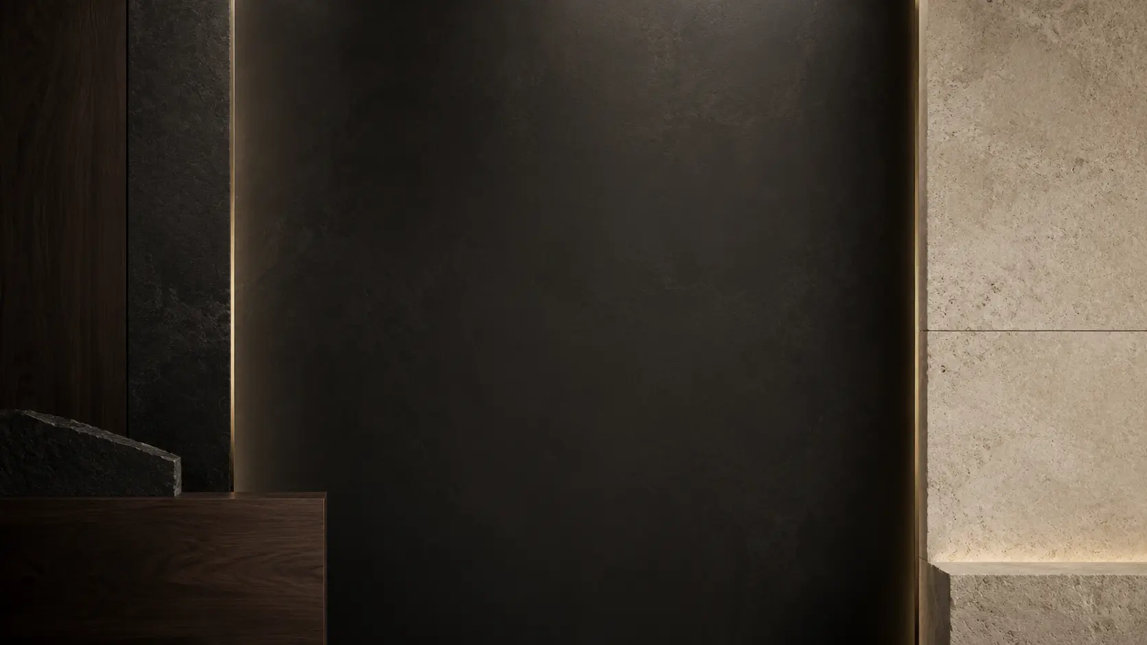 Warm walnut and stone boundary with a narrow column of light